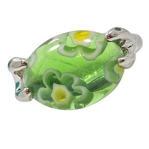 Vtg Murano Millefiori Glass Flower Ring Size 4 Pinkie Green Yellow Silver Tone